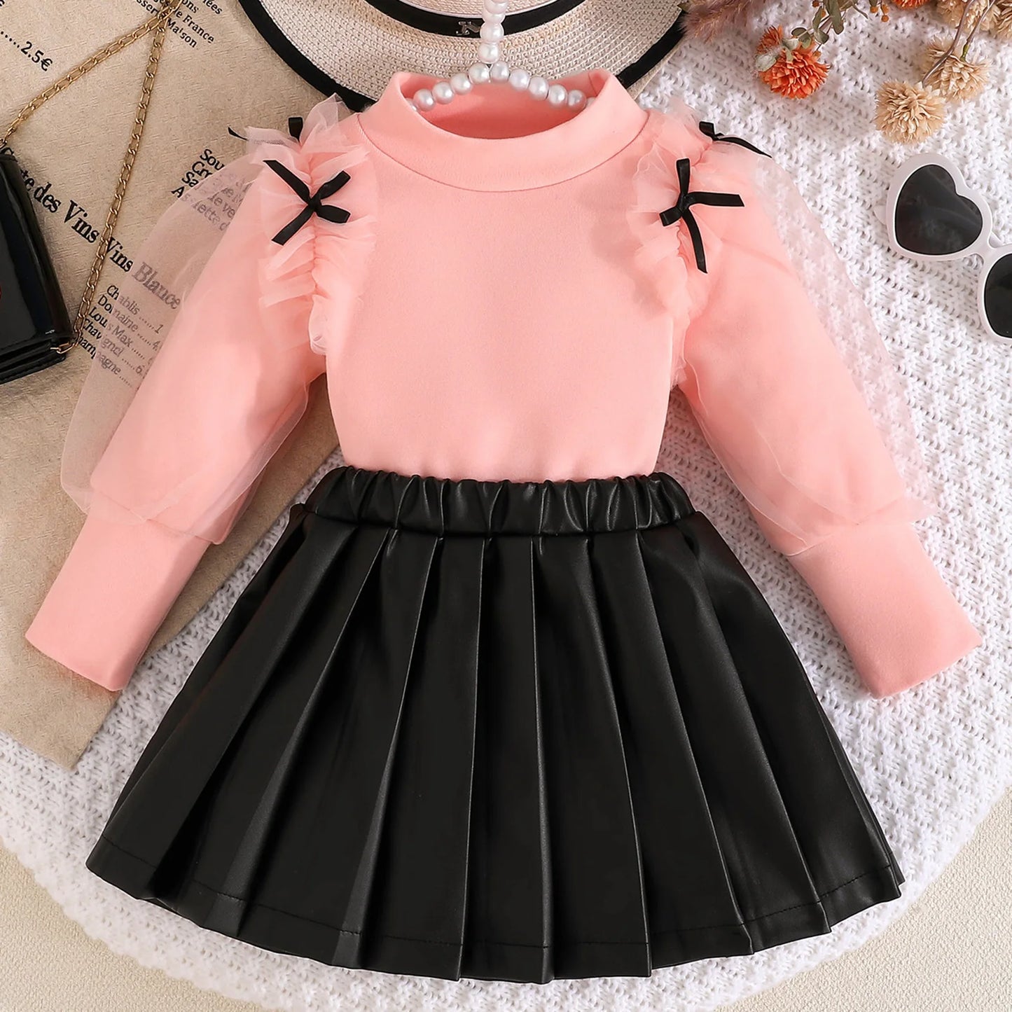 Toddler Kids Girls Fall Clothes Set - Mesh Bow Mock Neck Long Sleeve Top & Pleated Skirt