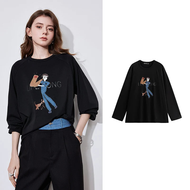 Women's Long Sleeve Lyocell Denim Patchwork Embroidery Cotton Pullover T-Shirt