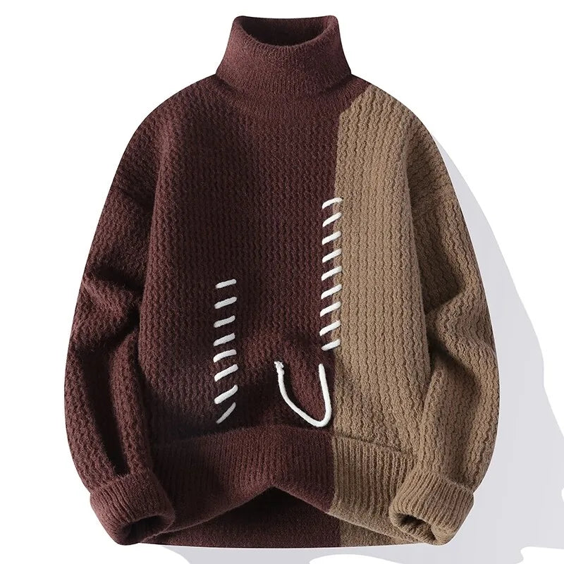 Men's Knitted Turtleneck Sweater - Patchwork Casual Pullover