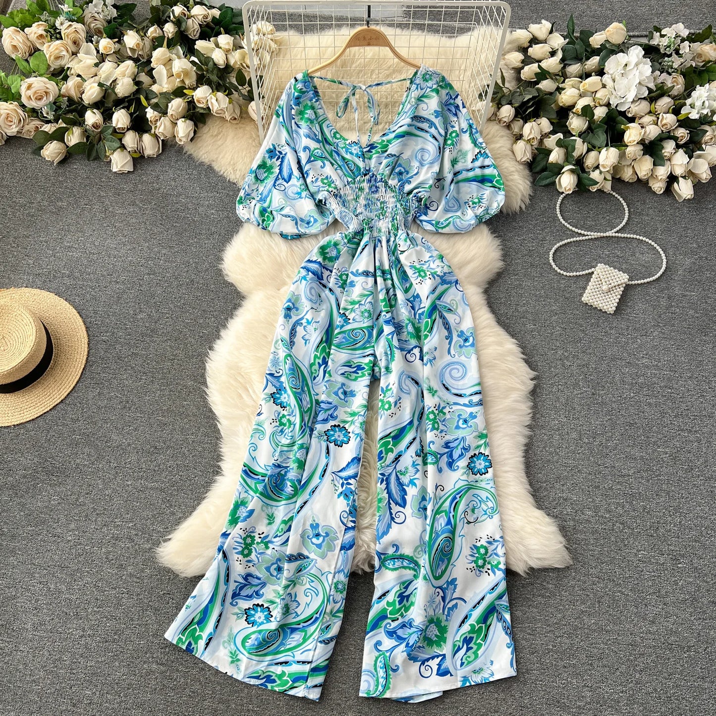 Women's V-Neck Floral Print Jumpsuit - Dolman Sleeves Wide Leg Trousers