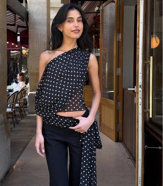 Women's Chiffon Polka Dot Summer Outfit Cropped Asymmetrical Basic Top