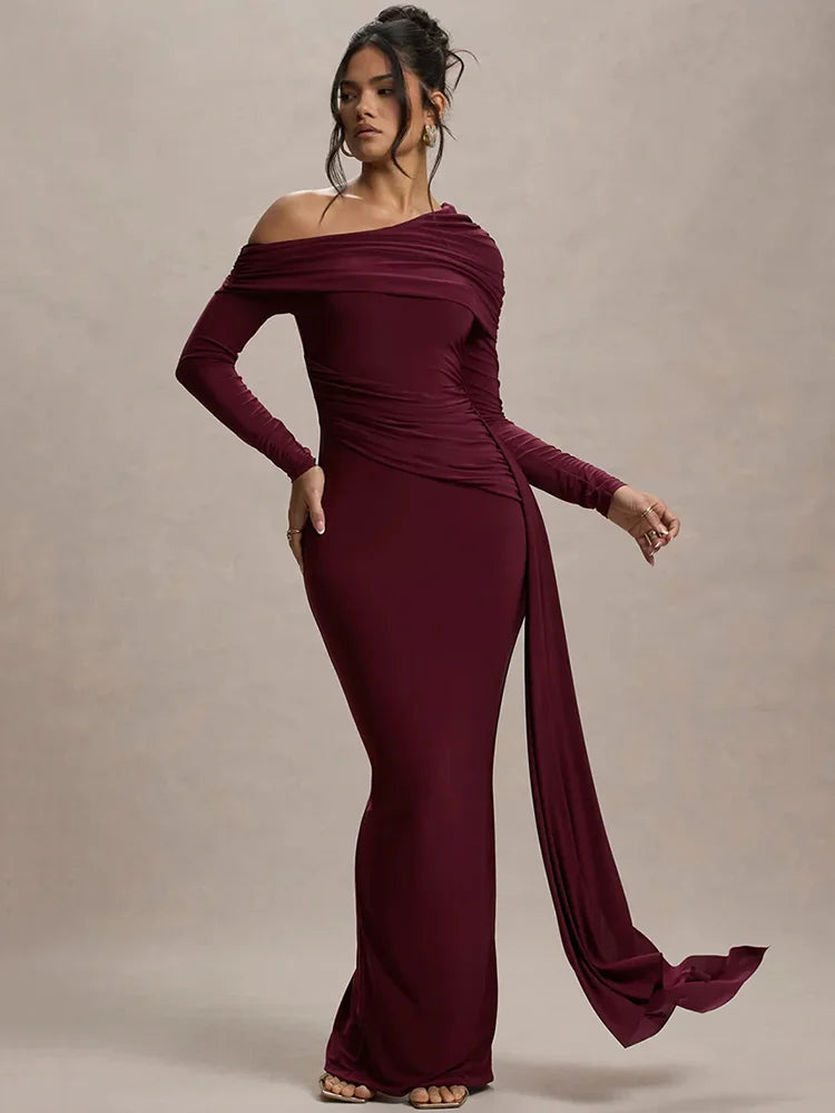 Women's Skew Collar Long Sleeve Maxi Backless Draped Ruched Bodycon Long Dress