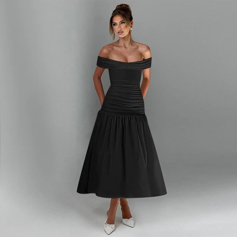 Women's Ruched One-Shoulder Party Long Sleeveless High Waist A-Line Dress