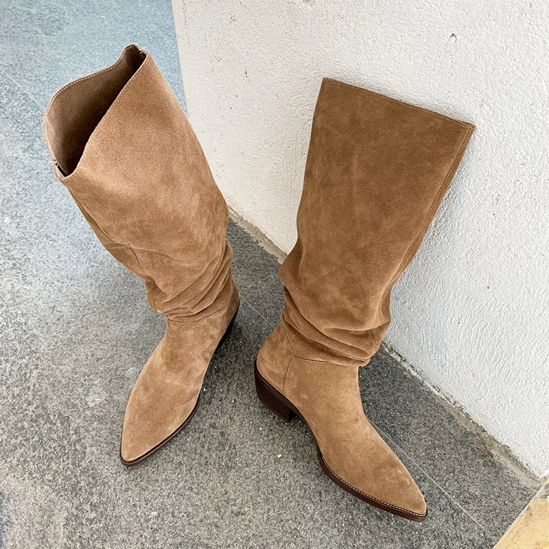 Women's Western Cow Suede Leather Knee-High Boots