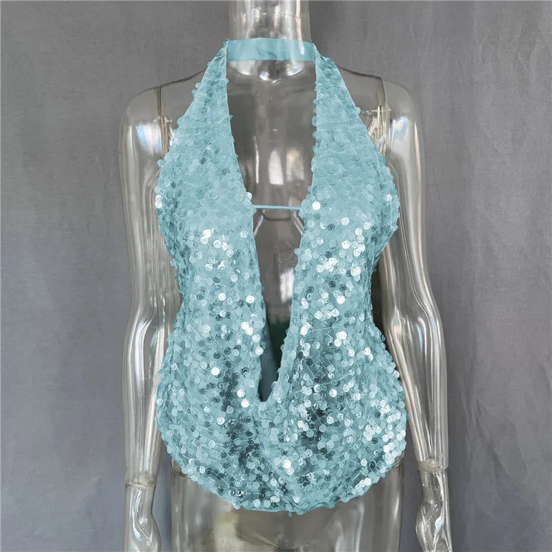Women's Halter Deep V Neck Sequins Tank Cropped Top