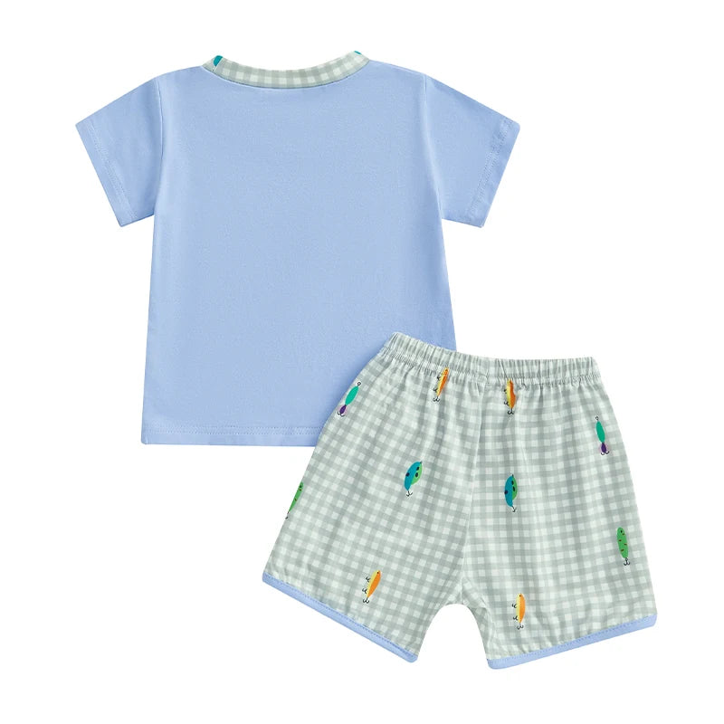 0-4Y Casual Kids Boys Summer Clothes Sets Short Sleeve Fish Embroidery T Shirt and Plaid Drawstring Shorts Set