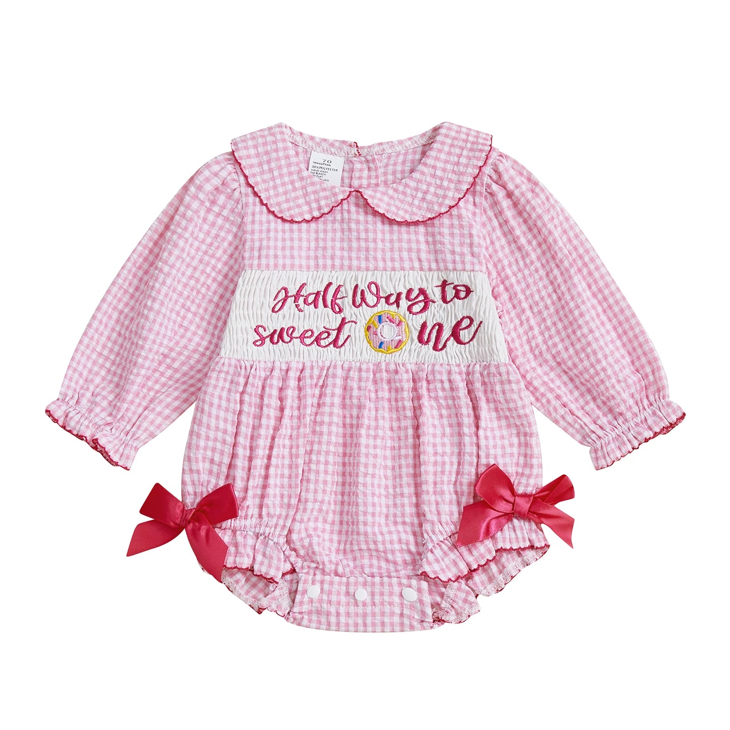 Newborn Baby Girls' Plaid Bubble Romper - Letter Embroidery Doll Collar Smocked Jumpsuit