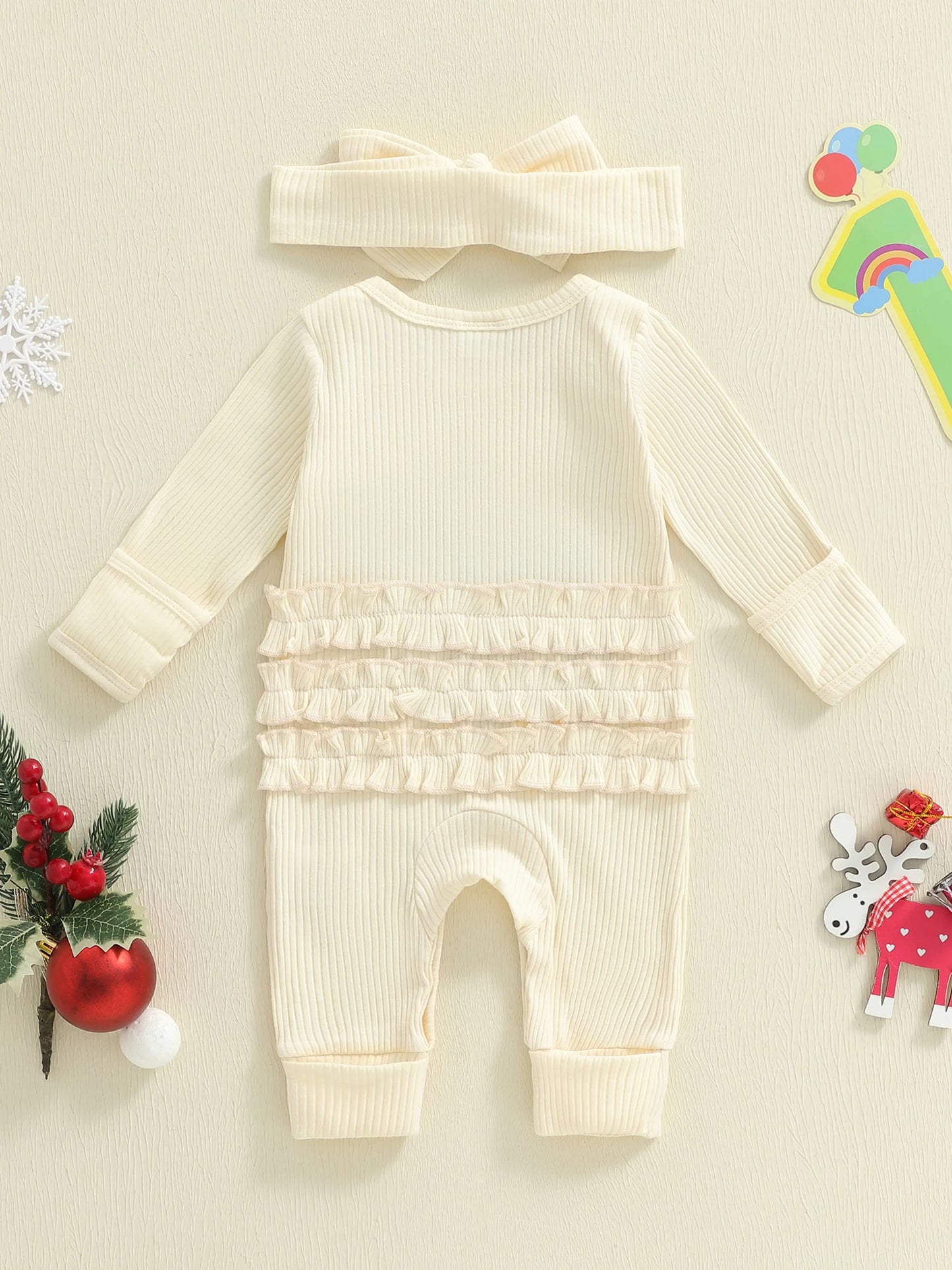 Newborn Baby Christmas Romper with Headband - Long Sleeve Xmas Tree Embroidery Jumpsuit