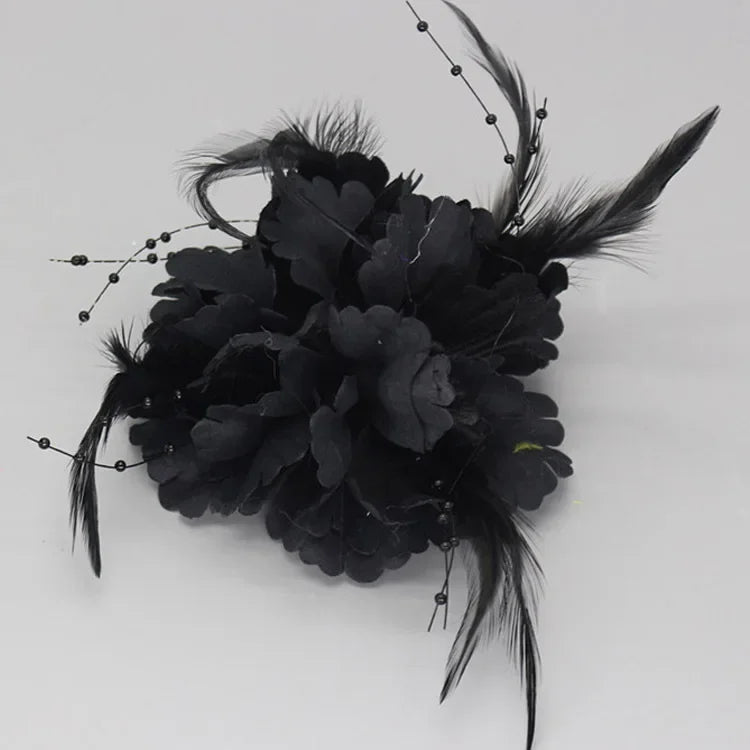 Handmade Fabric Flower Brooch - Pearl Feather Wedding Party Corsage