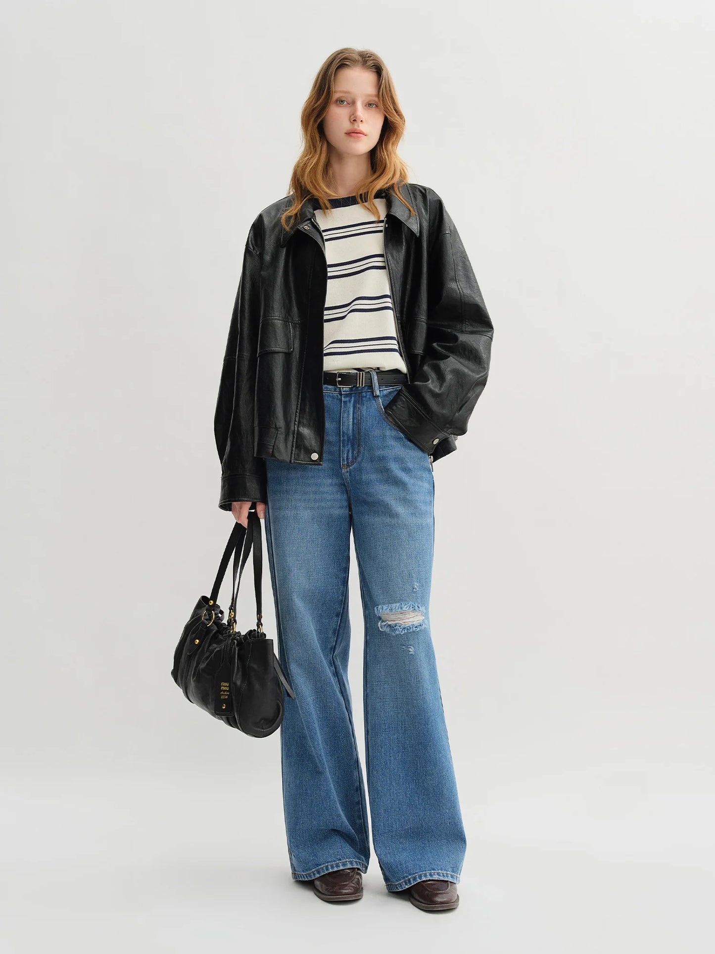 Women's High Waist Ripped Jeans - Straight Leg Non-Stretch Casual Denim Trousers