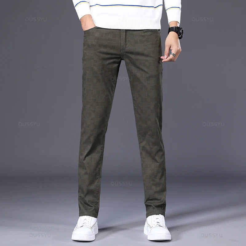Men's Plaid 98% Cotton Stretch Straight Classic Trousers