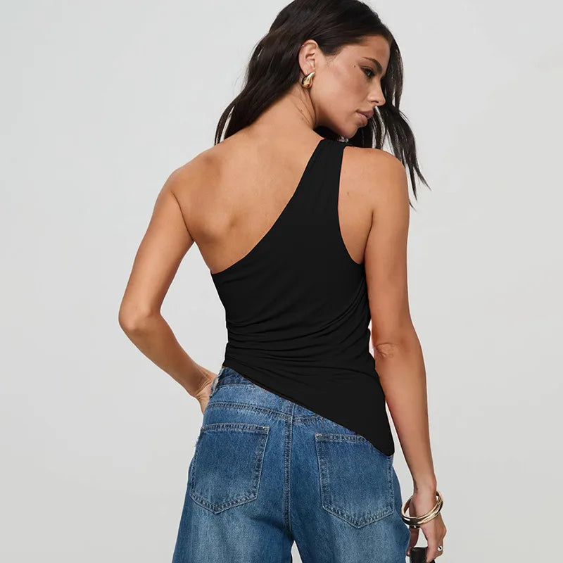 Women's Summer One Shoulder Backless Basic Asymmetrical Crop Top Tank Ruched Top
