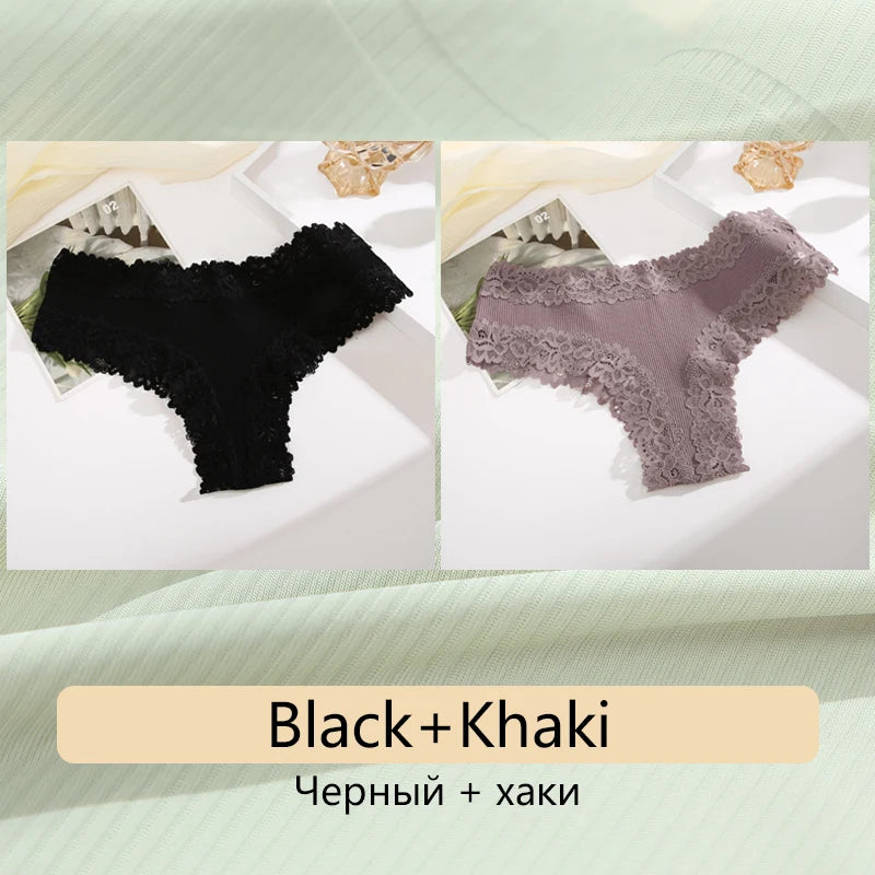 2PCS Women's Cotton Underwear - Lace Floral Low Rise Comfortable Lingerie