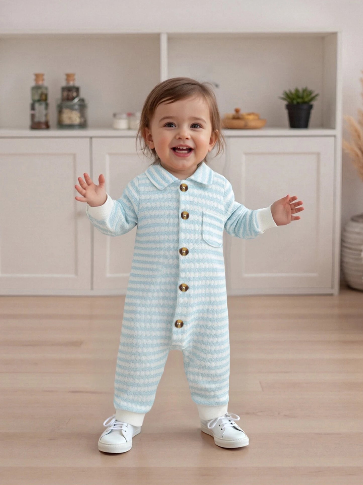 Newborn Baby Fall Winter Jumpsuit Set - Striped Turn-Down Collar Romper & Pants (0-18M)