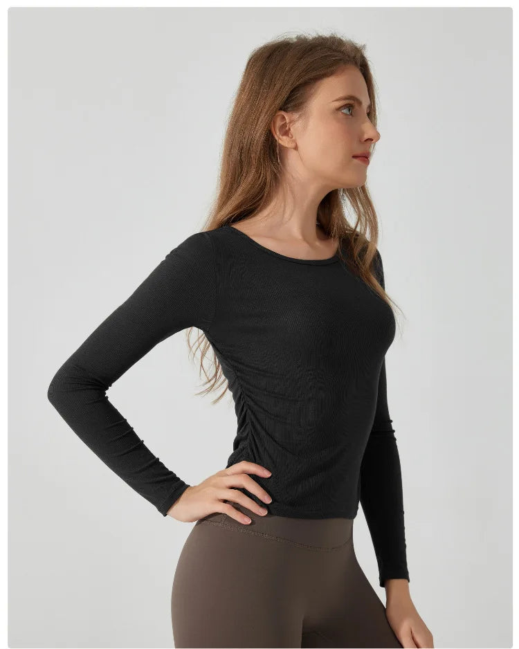 Women's Long Sleeve Yoga Shirt Slim Fit Gym Top Breathable Ribbed Gym Running Top Workout Sportswear