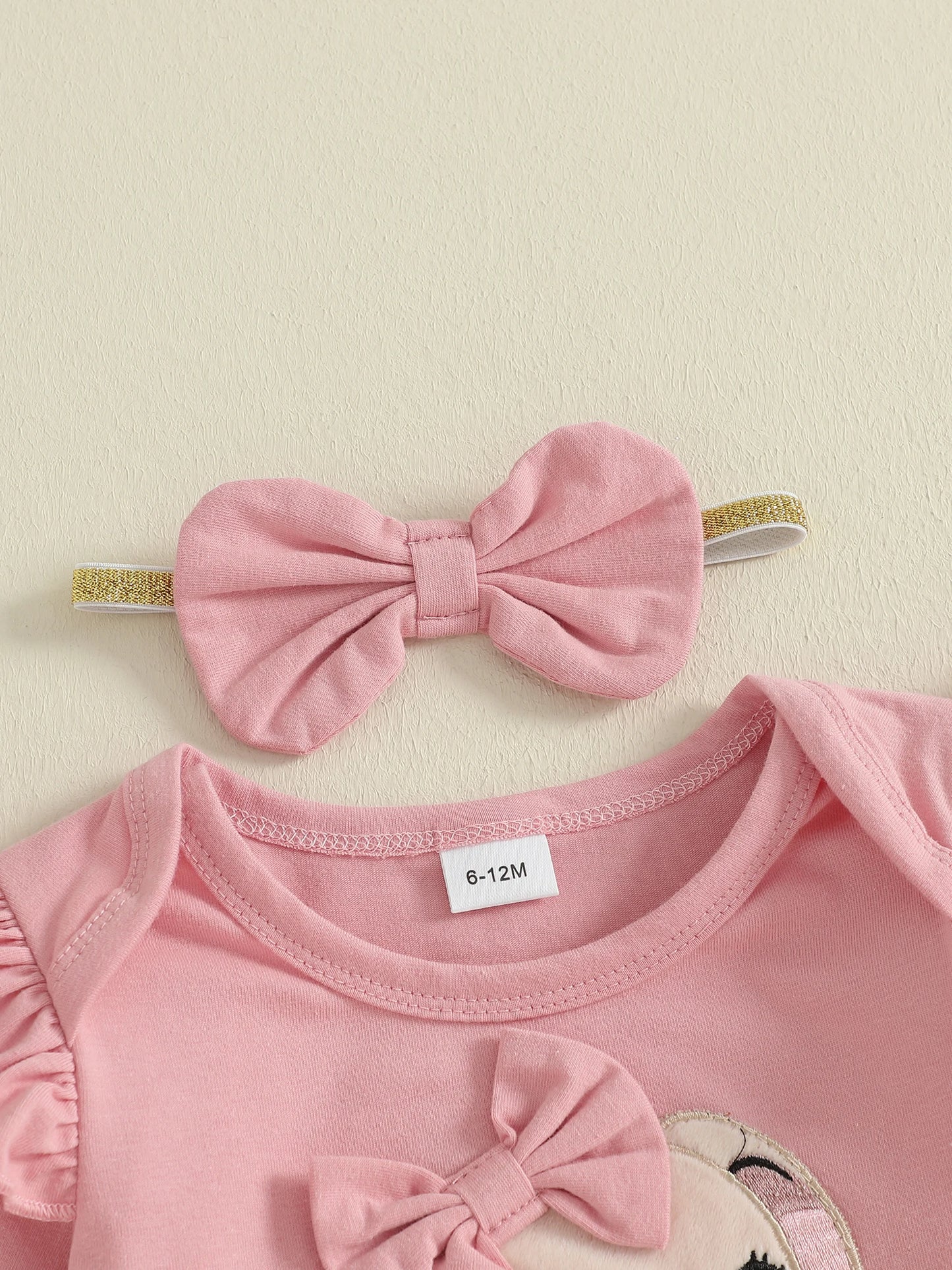 Baby Girls Fall Winter Clothes Set - Long Sleeve Bow Animal Embroidery Jumpsuit, Headband & Flared Pants