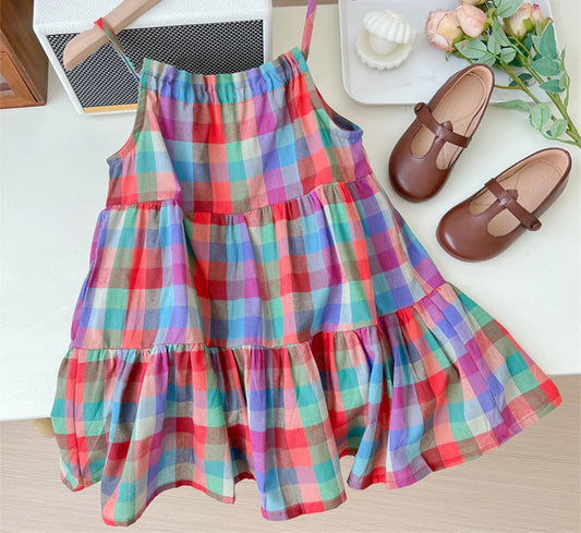 Girl's Summer Plaid Strap  Sleeveless Dress