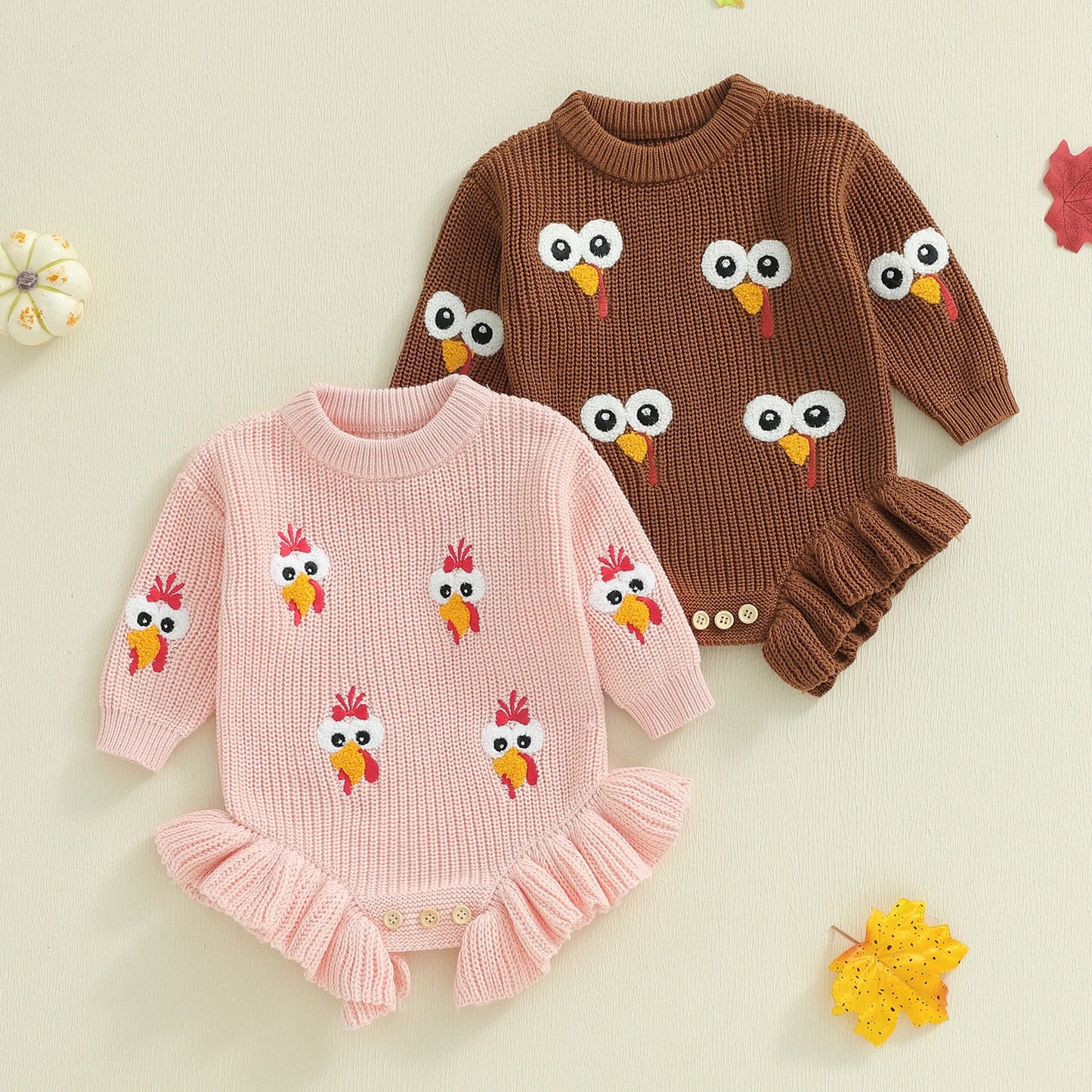 Baby Thanksgiving Knit Romper - Turkey Embroidery Long Sleeve Ruffle Bodysuit Sweater