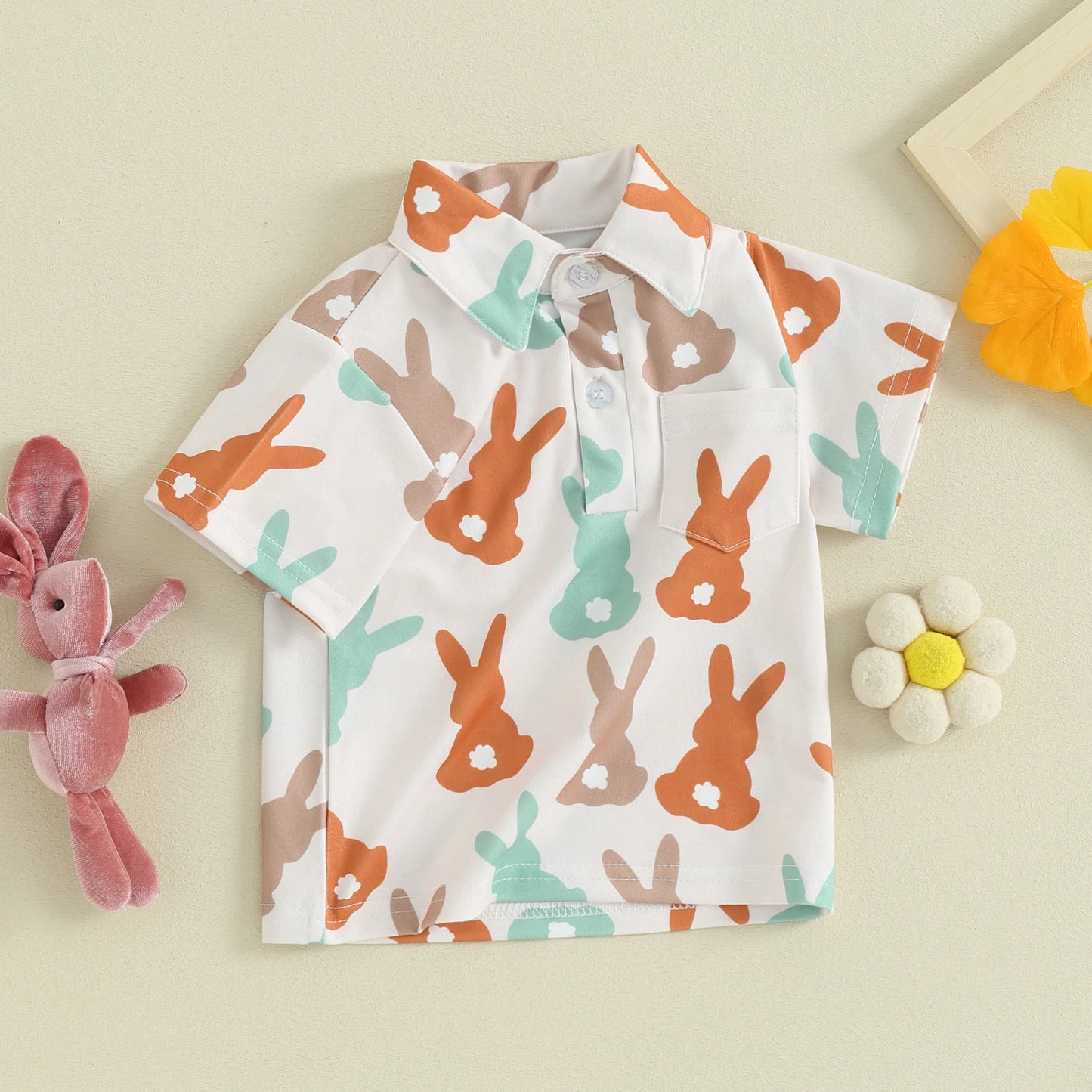 1-6Y Summer Kids Boys Easter T-shirt Short Sleeve Bunny Clover Print Single Breasted Shirt