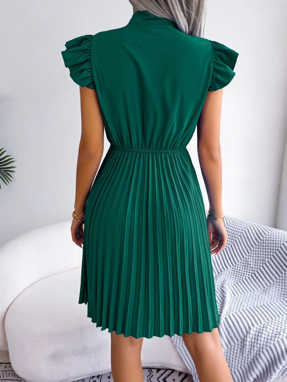 Women's Spring Summer Elegant Lace Up High Waist Large Fold Bow Collar Pleated Dress