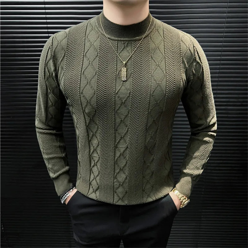 Men's Mock Neck Knitted Sweater - Slim Fit Geometric Pullover