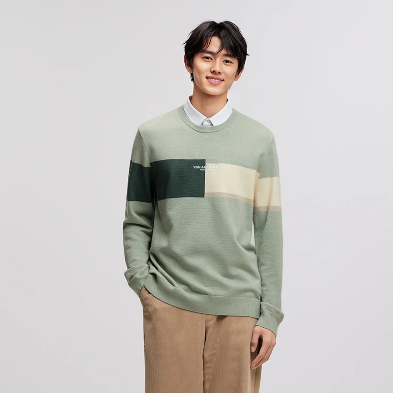 Men's Color Block Knit Sweater - Thermal Embroidered Pullover Winter Style