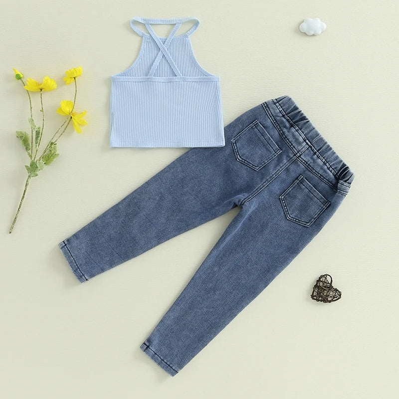 1-6Y Kids Girls Summer Clothes Sets Ribbed Halter Tank Tops and Elastic Ripped Denim Pants