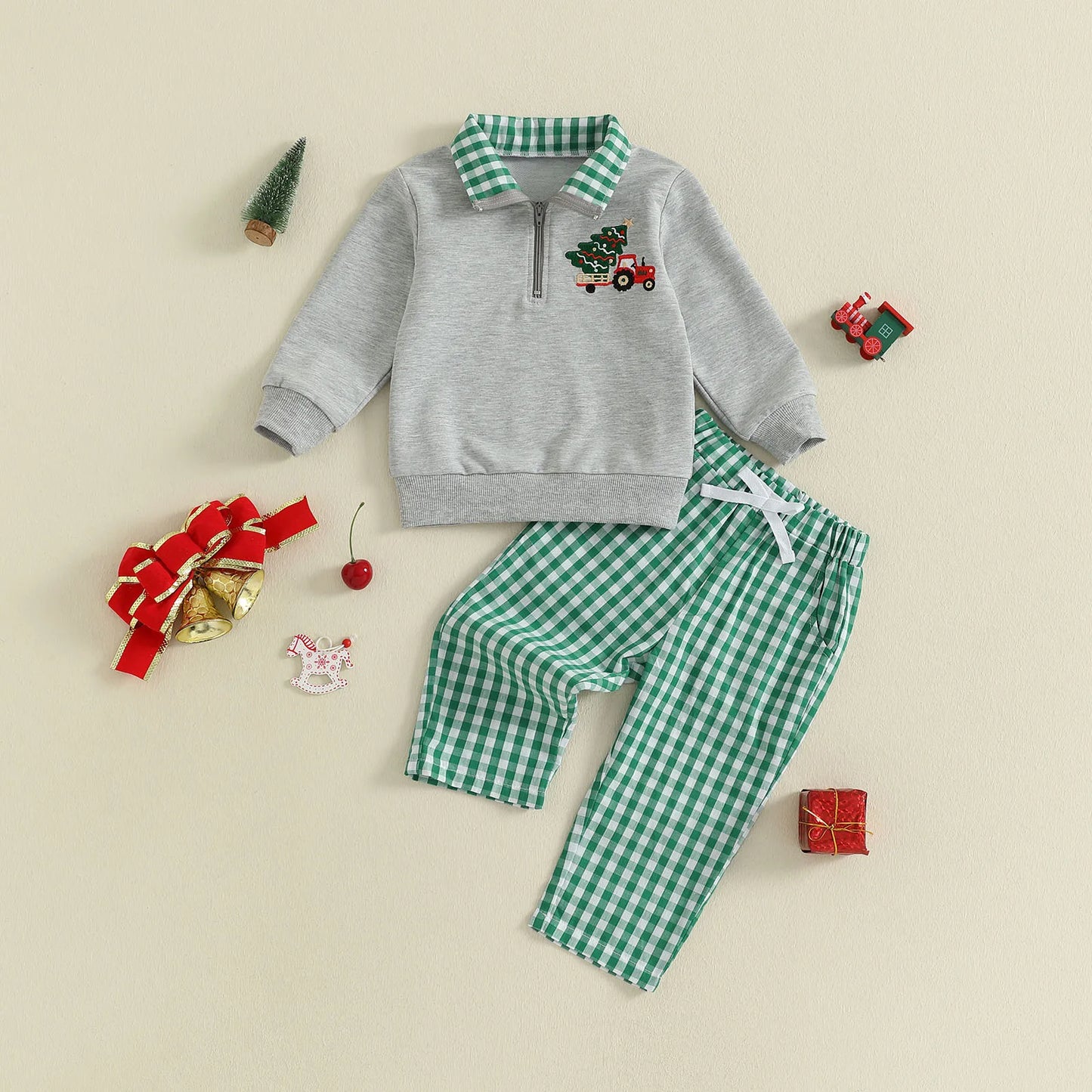 Baby Boys Christmas Clothes Set - Xmas Tree Embroidery Zip Pullover & Plaid Pants