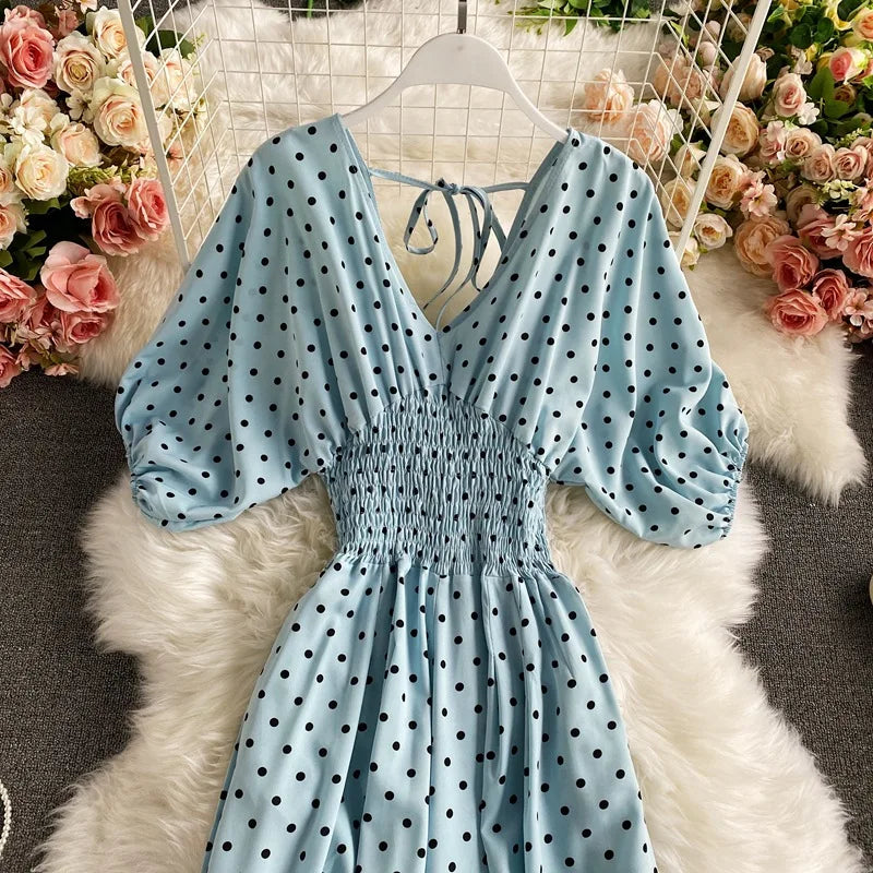 Women's V-Neck Polka Dot Jumpsuit - Wide Leg Trousers with Dolman Sleeves
