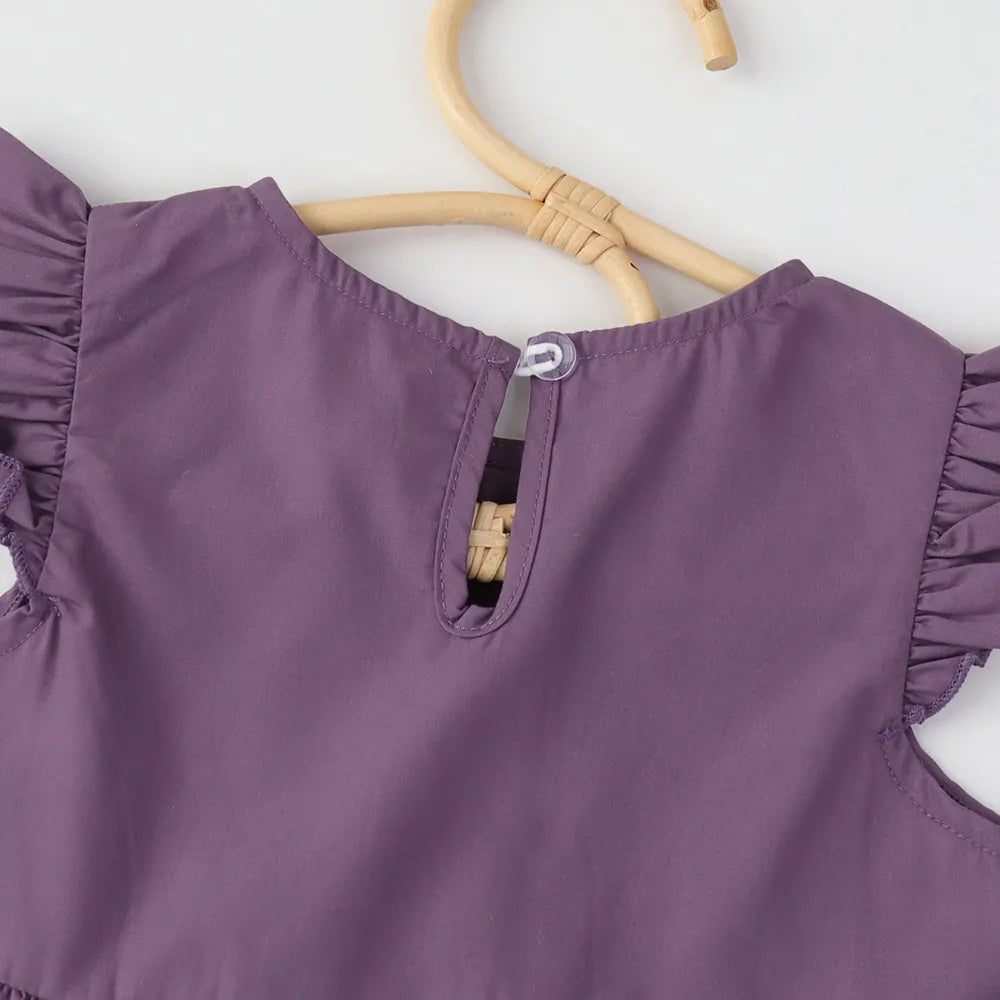 Girls Purple Lace Dress - Flying Sleeve Summer Dress with Patchwork Detail