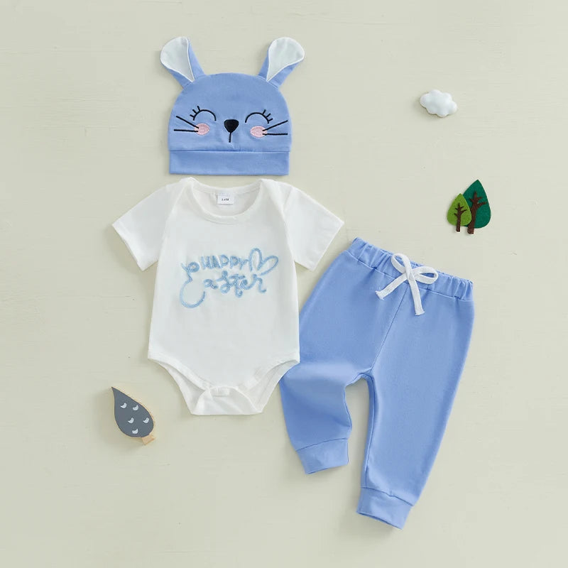 0-18M Baby Boys Girls Easter Clothes Sets 3pcs Letter Embroidery Short Sleeve Romper with Pants and Hat