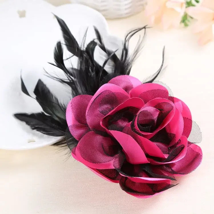 Feather Corsage Brooch - Handmade Fabric Flower Wedding Lapel Pin