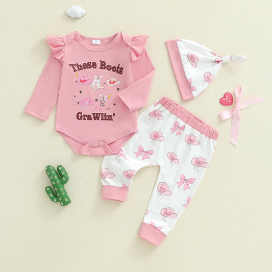 Baby Girls Western Fall Winter Clothes Set - Long Sleeve Boots Letters Print Romper with Bow Pants & Hat