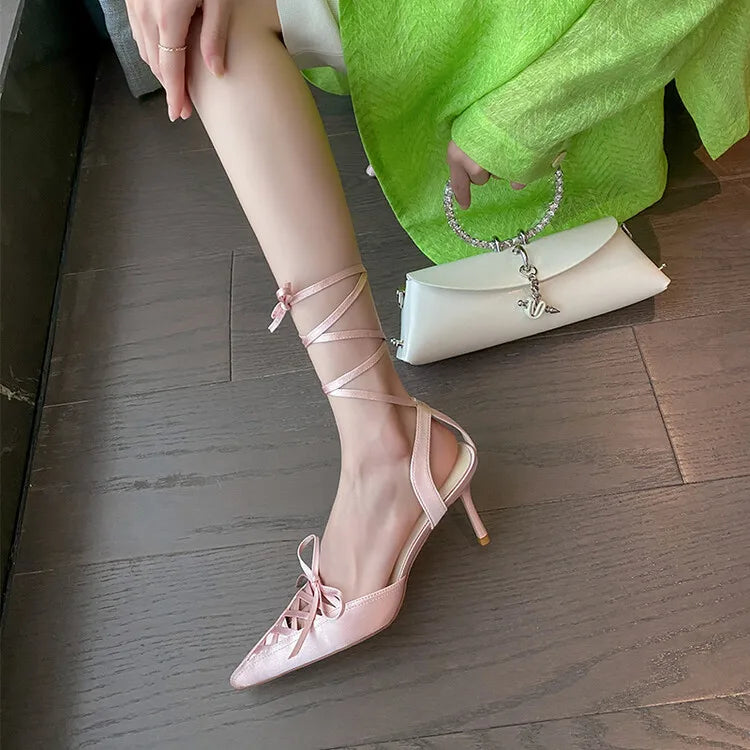 Women's Satin High Heel Sandals Strap 7cm Heel Sandals Bow Pointed Shoes