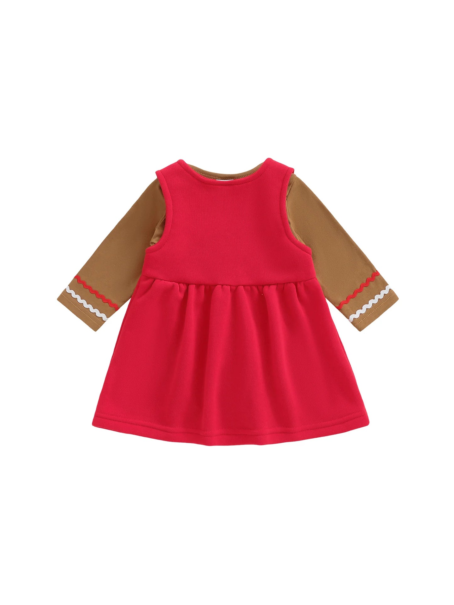 Baby Girls Christmas Clothes Set - Long Sleeve Romper & Gingerbread Man Embroidery Overalls Dress
