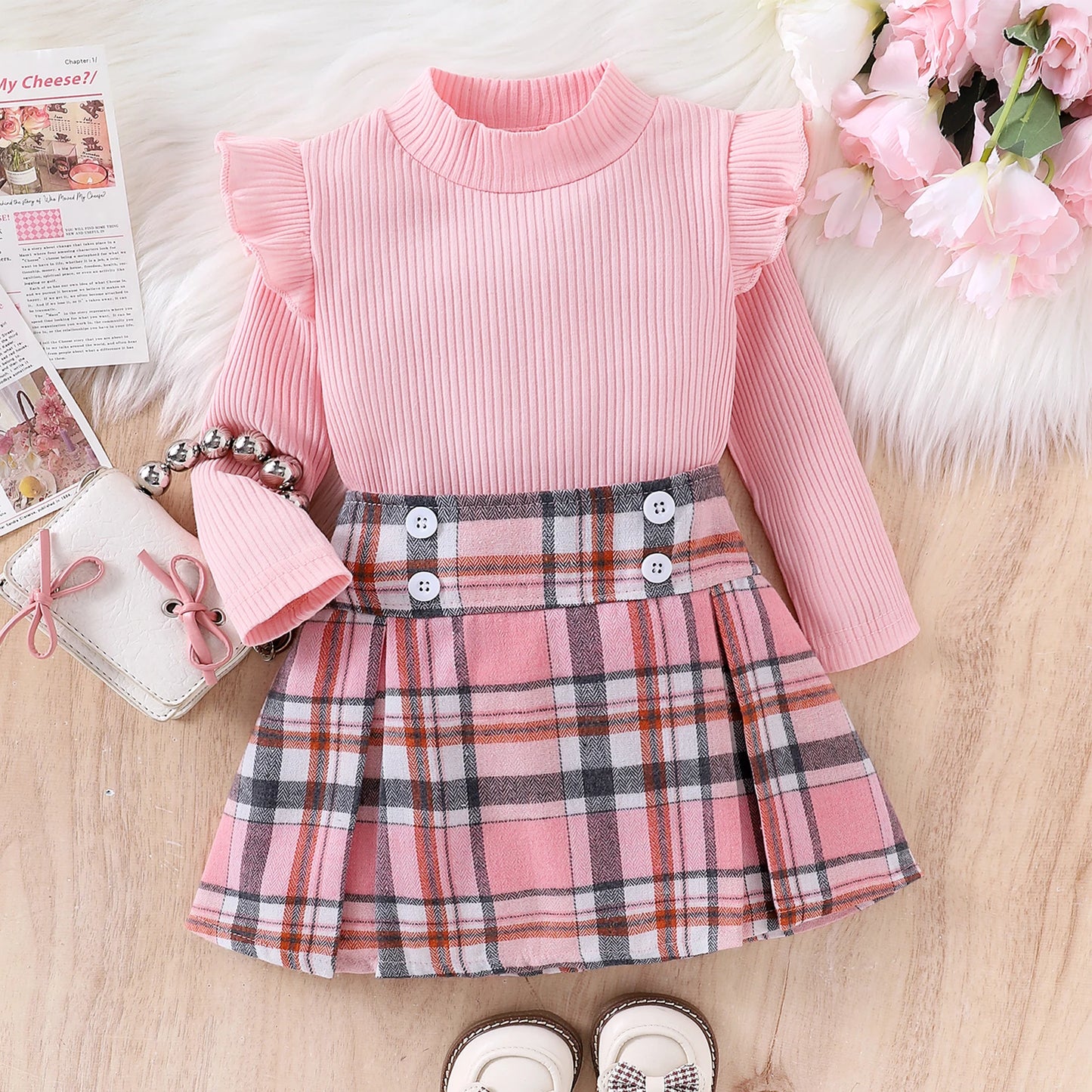 Little Girl Fall Clothes Set - Ruffle Long Sleeve Ribbed Top & Plaid A-Line Skirt