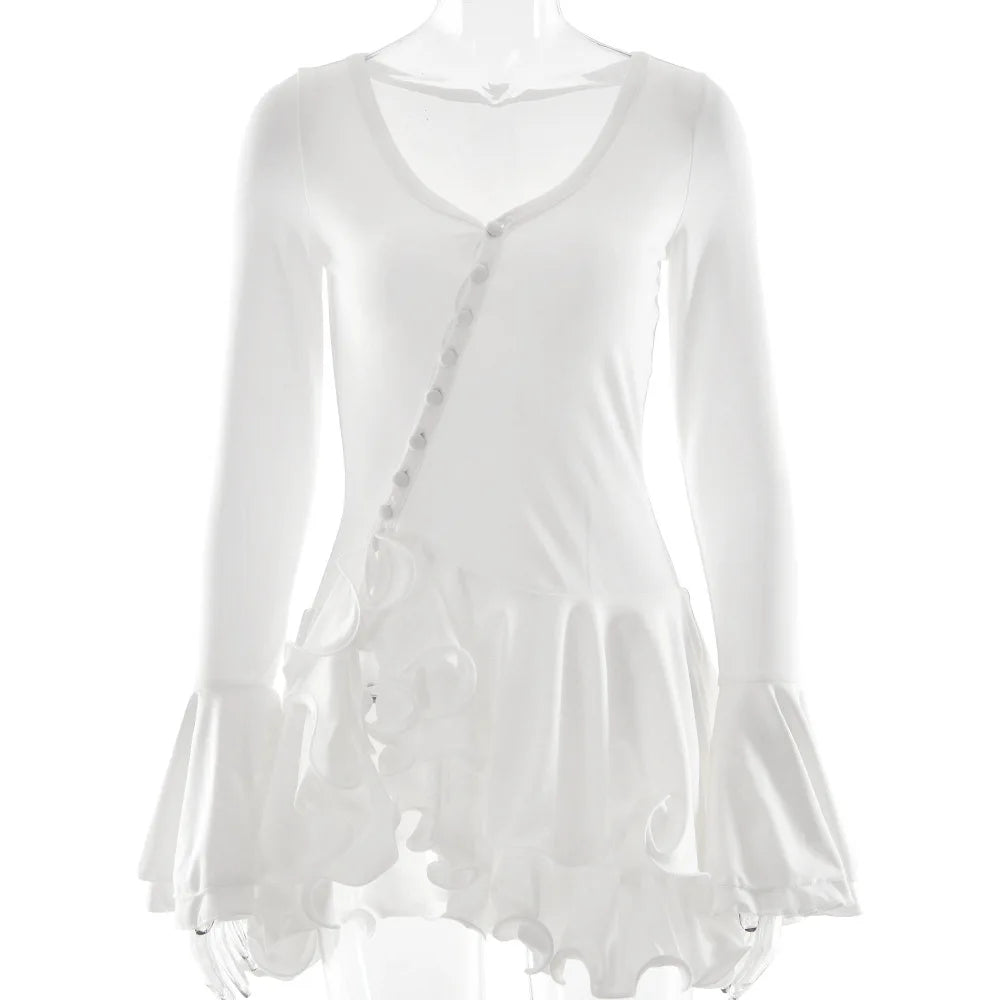 Women's Ruffled Mini Dress - Single-Breasted V-Neck with Flare Sleeves