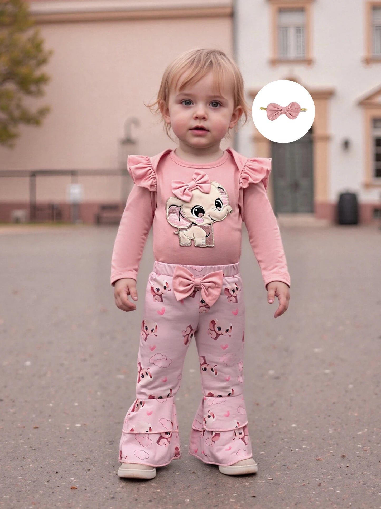 Baby Girls Fall Winter Clothes Set - Long Sleeve Bow Animal Embroidery Jumpsuit, Headband & Flared Pants