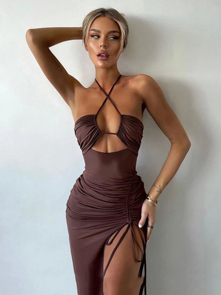 Women's Halter Backless Sleeveless Cut Out Maxi Elegant Party Slit Dress