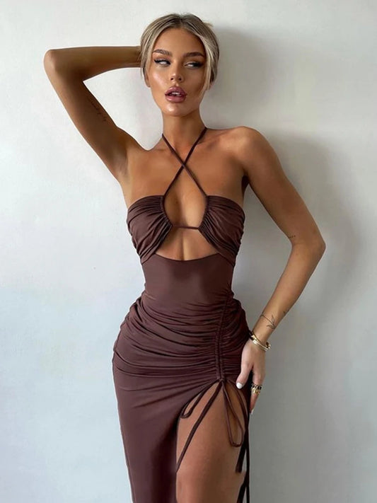 Women's Halter Backless Sleeveless Cut Out Maxi Elegant Party Slit Dress