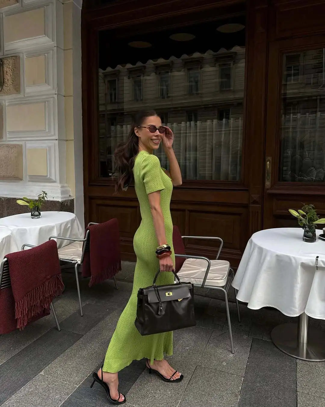 Women's Knitted Short Sleeve Maxi Dress - Casual Solid Sweater Bodycon Style