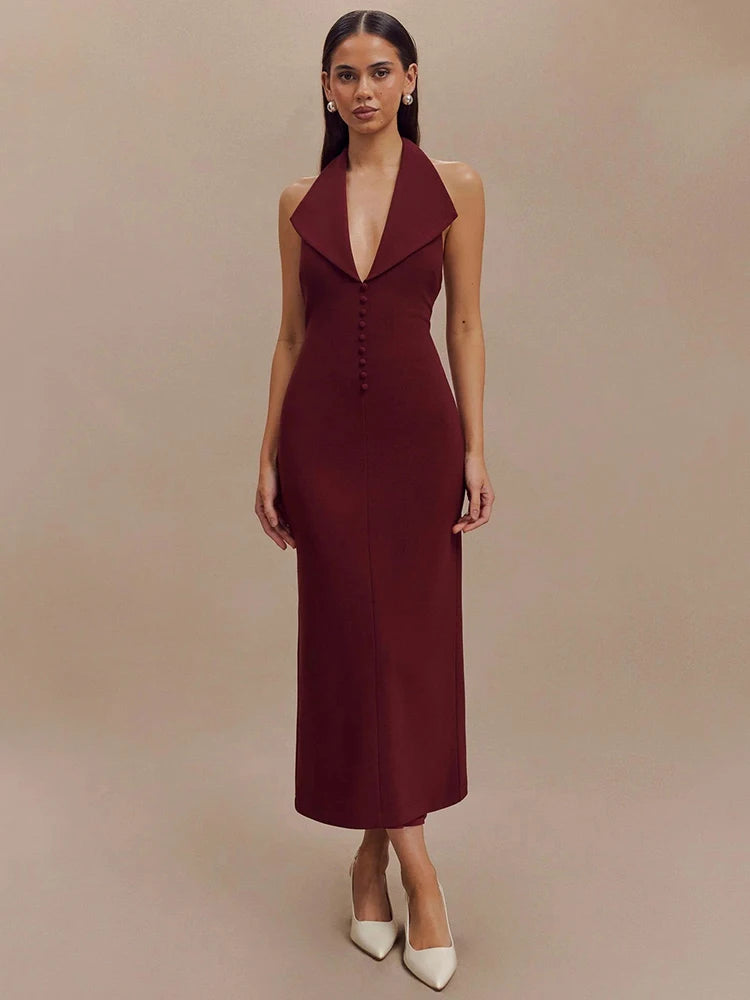 Women's Halter Deep V Neck Sleeveless Maxi Elegant Backless Bodycon Tank Long Dress