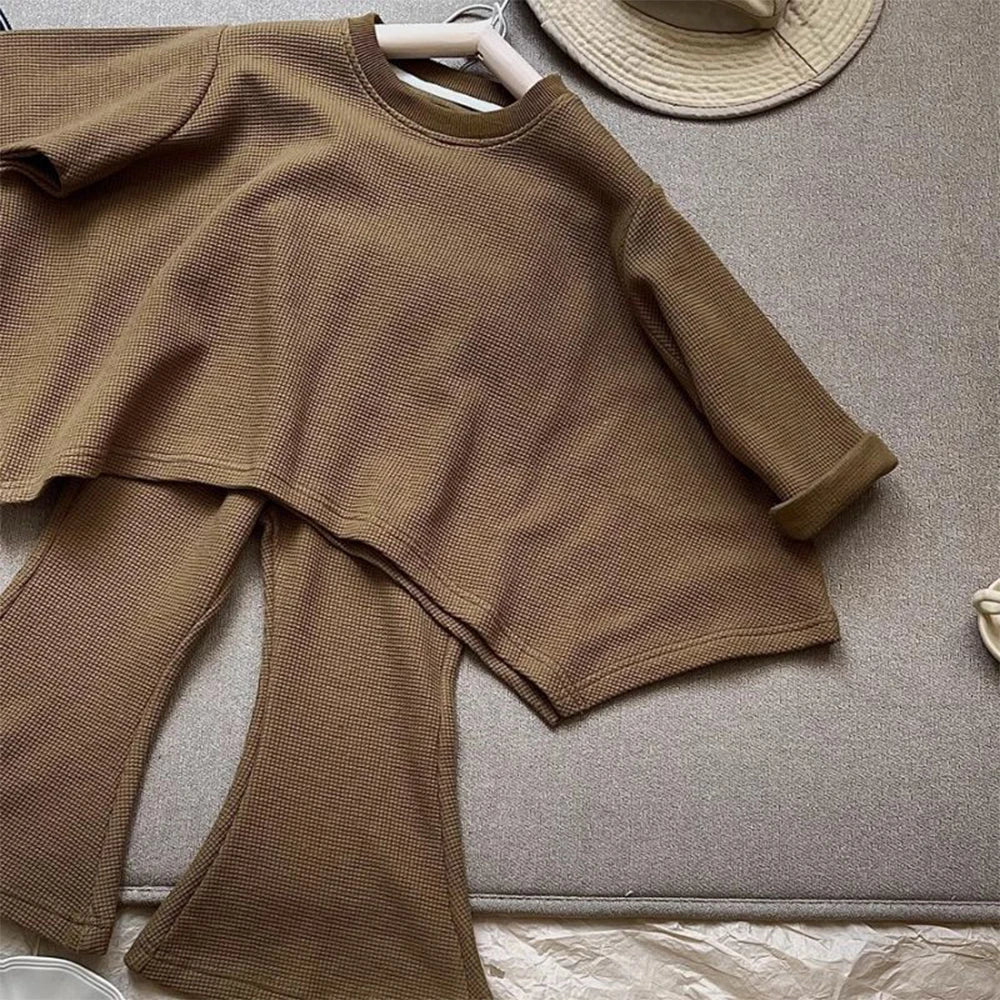 Children's Set Girls' Solid Loose Round Neck Cape Top Flare Pants 2 Piece Set