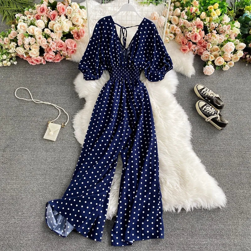Women's V-Neck Floral Print Jumpsuit - Dolman Sleeves Wide Leg Trousers