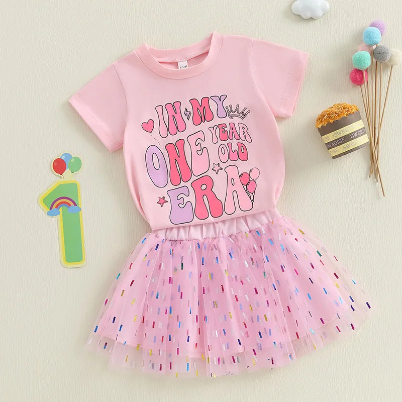 Baby Girls Birthday Clothes Sets 0-18M Short Sleeve Crown Letter Print Tops + Lace Tutu Skirt