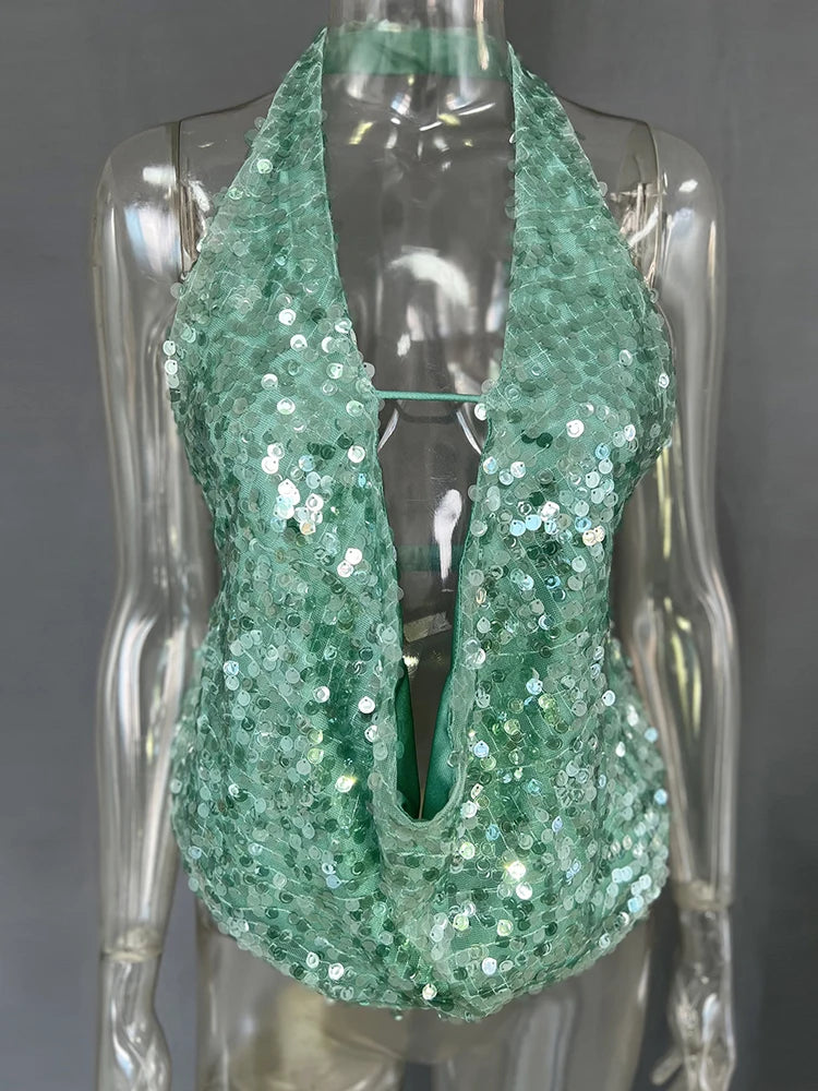 Women's Halter Deep V Neck Sequins Tank Cropped Top