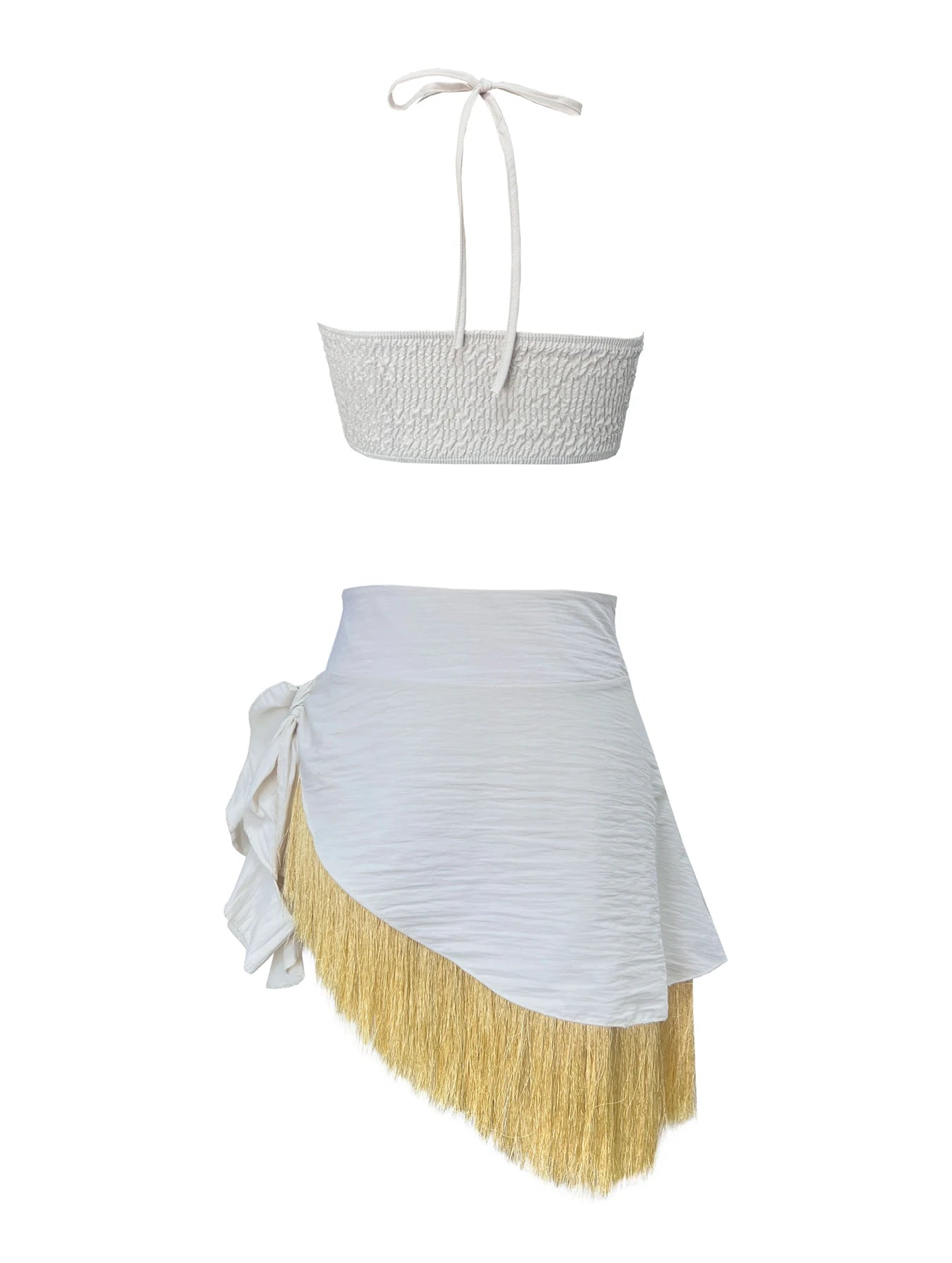 Women's Summer Tassel Two Piece Halter Lace Bra Tassel Mini Skirt Set