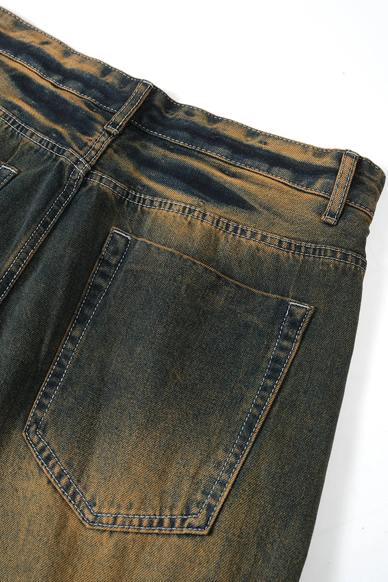 Unisex Retro Washed Jeans Stretch Straight Leg Denim Trousers