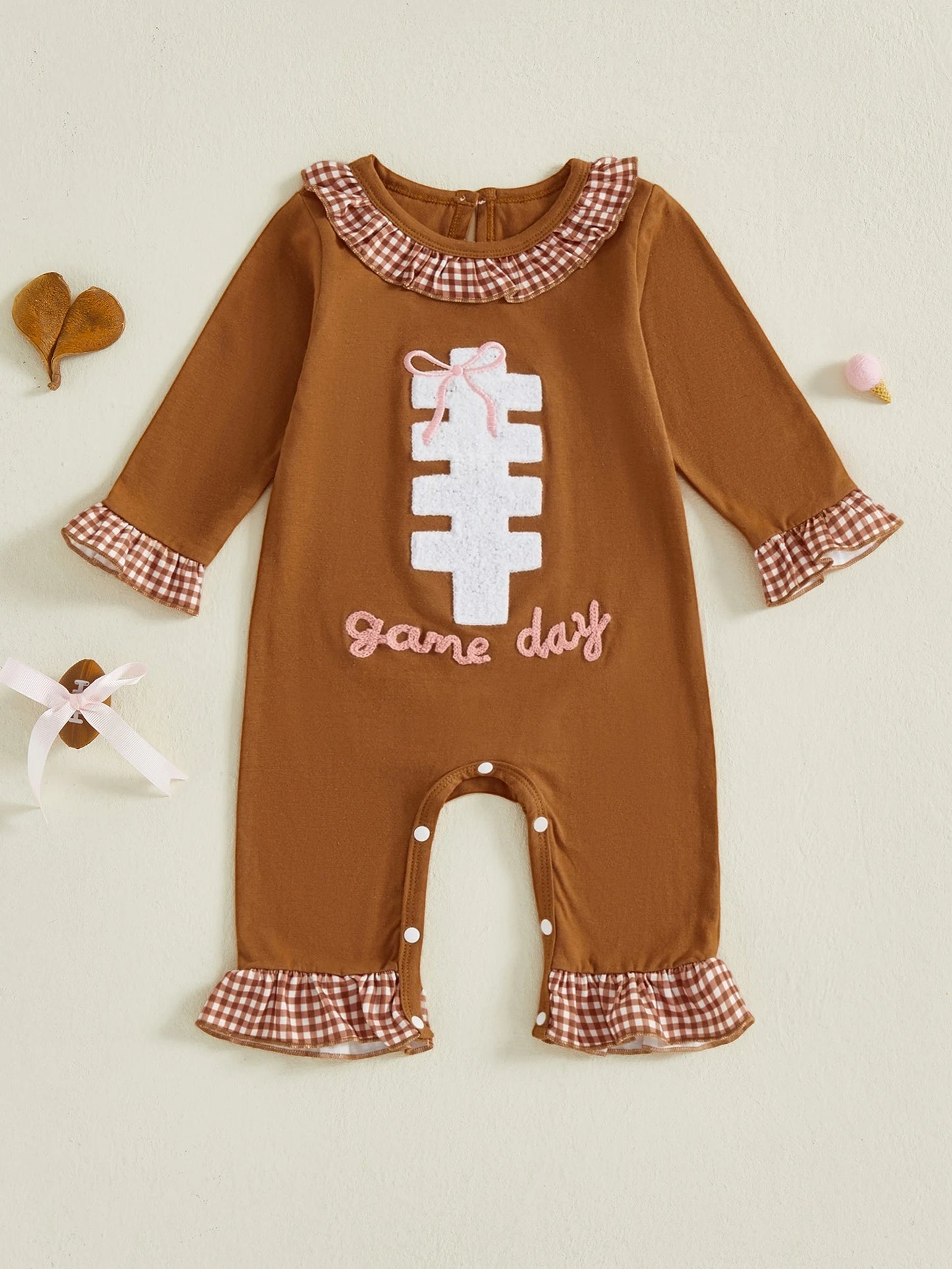 Baby Autumn Winter Romper - Plaid Print Football Embroidery Ruffled Jumpsuit (0-18M)