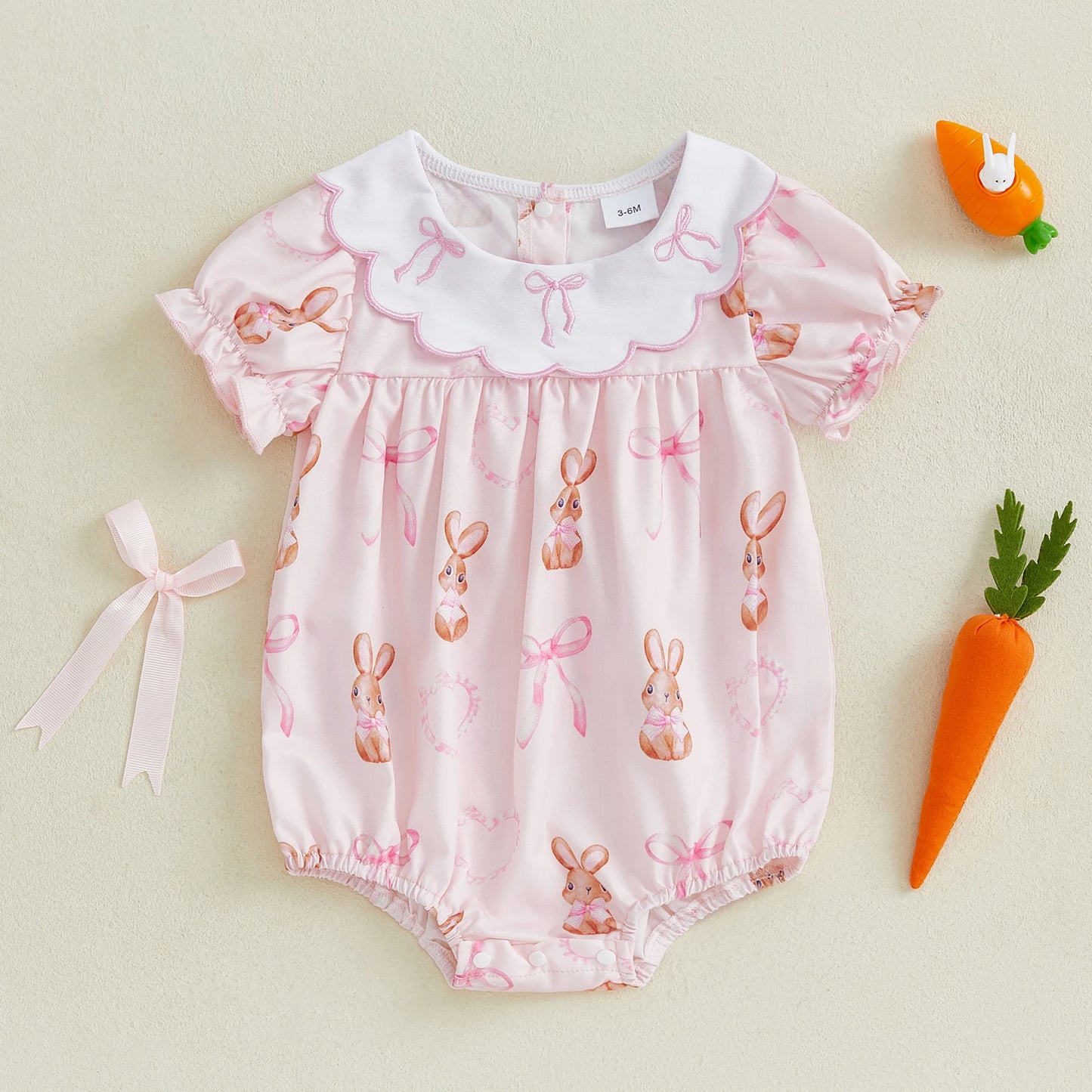 Easter Baby Girls Cute Romper - 3 Style Rabbit Bow Print Doll Collar Ruffle Short Sleeve Bodysuit (0-18M)